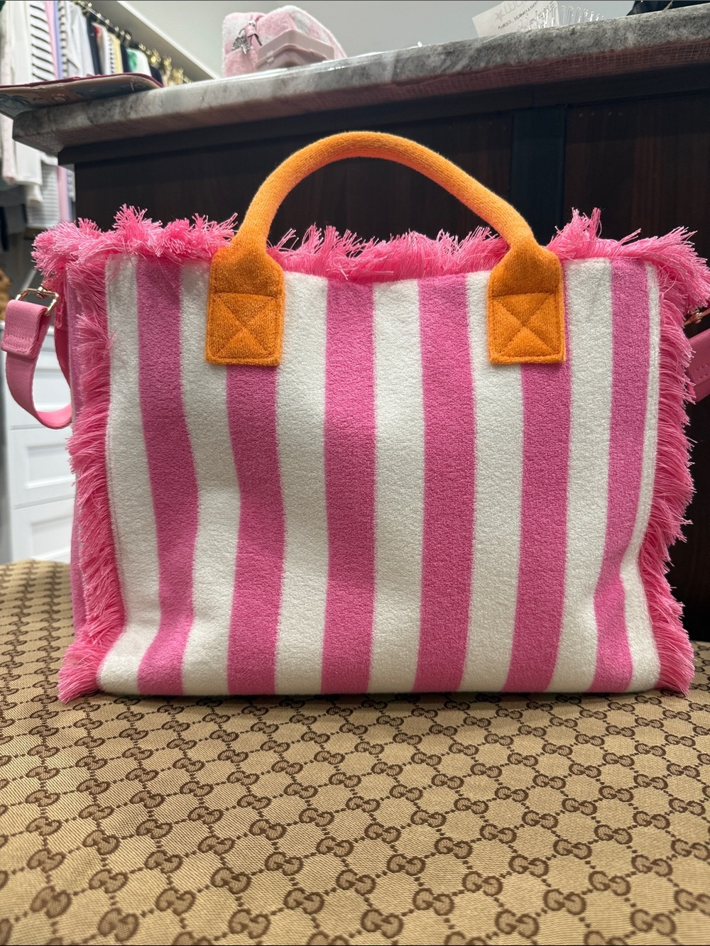 SHIRALEAH TERRY Pink & White Striped Tote Bag with Orange Handles